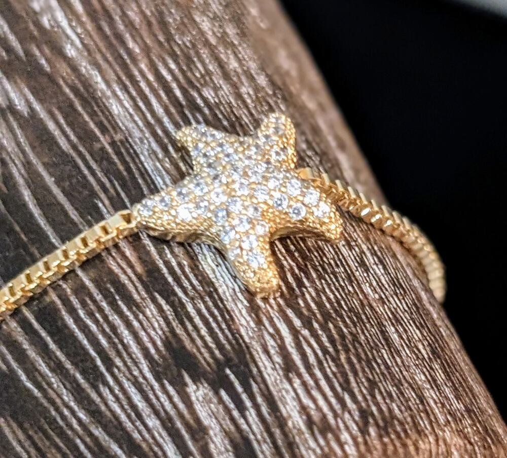 Gold Tone Rhodium Plated Box Chain Sparkle Starfish Adjustable Bracelet